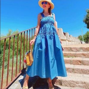 ZARA BLUE TAFFETA TIE RUFFLE DRESS S NWT